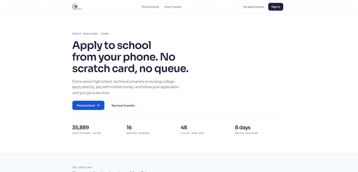The applicant home page: apply to school from your phone, with counts of institutions listed, regions covered and cycles open.